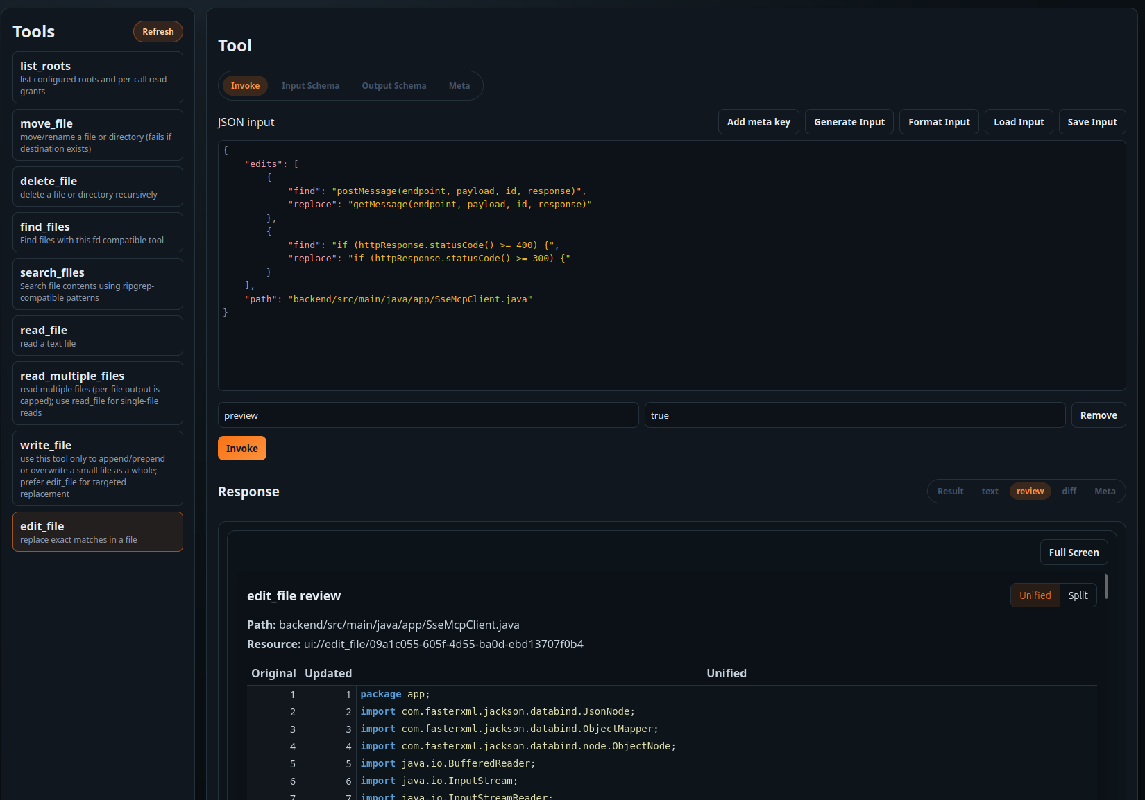 Unified diff preview of an MCP invoke.
