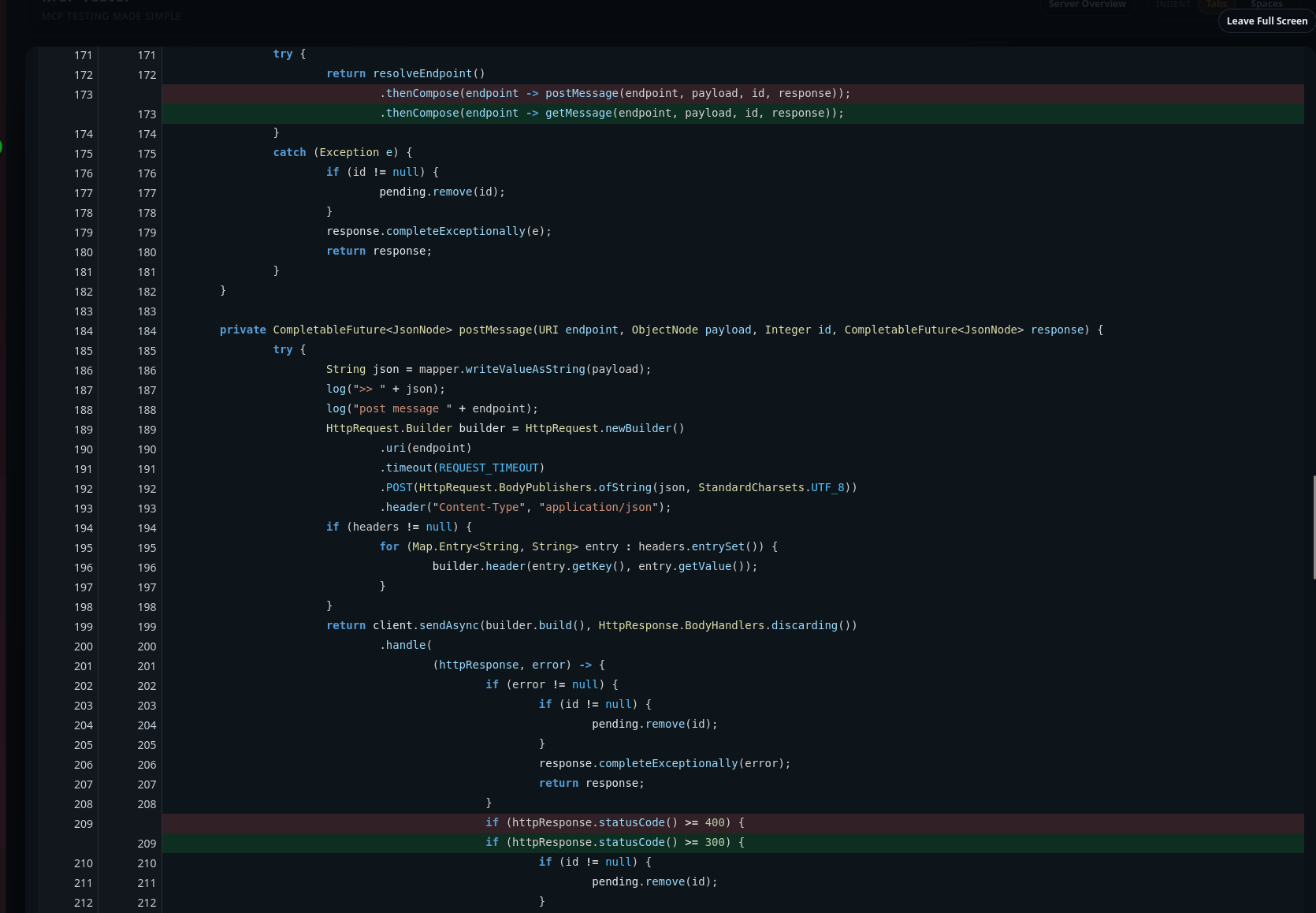 Full screen unified diff.