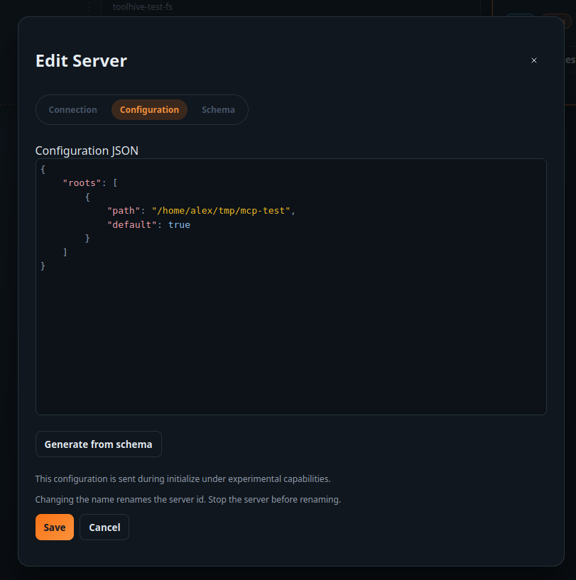 JSON configuration input in mcp-test.