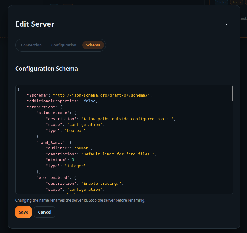 Configuration schema view for an MCP server.