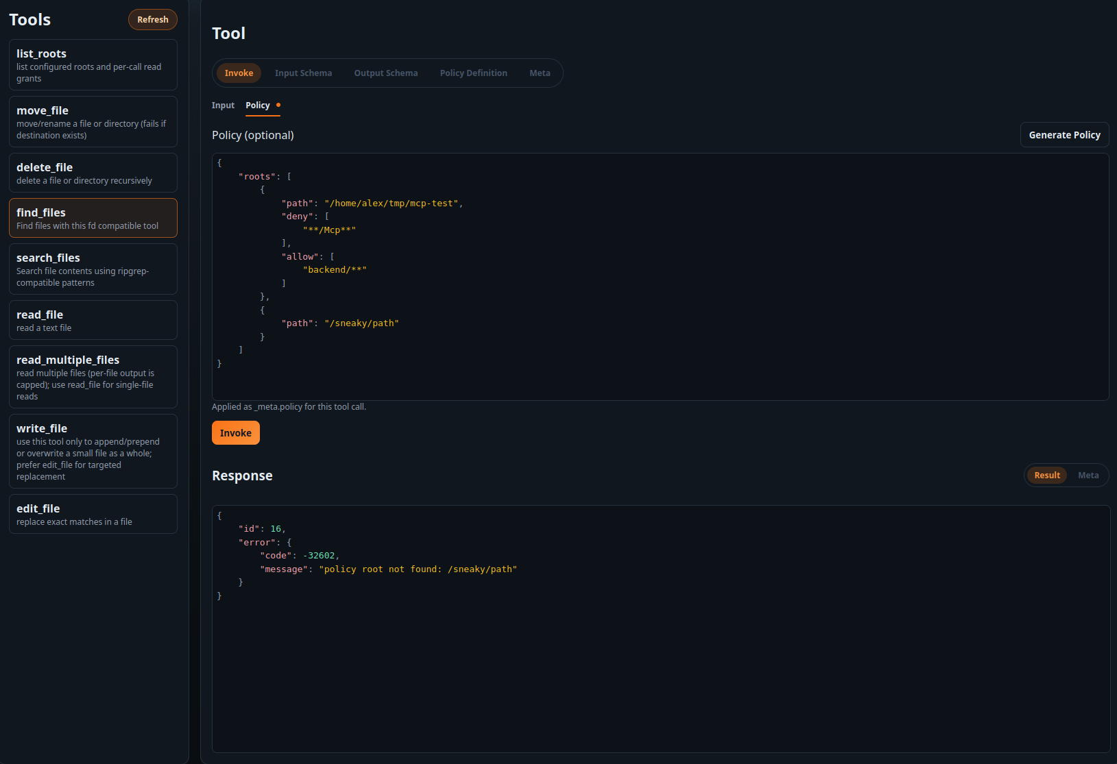 Policy validation error shown to the agent.
