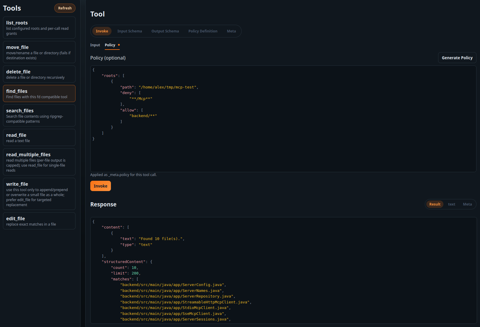 Tool invocation with a policy applied.